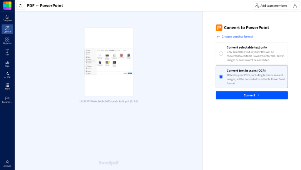 Convert PDF to PowerPoint in Smallpdf