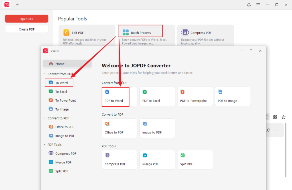 Click Batch Process and select the PDF to Word option in JOPDF