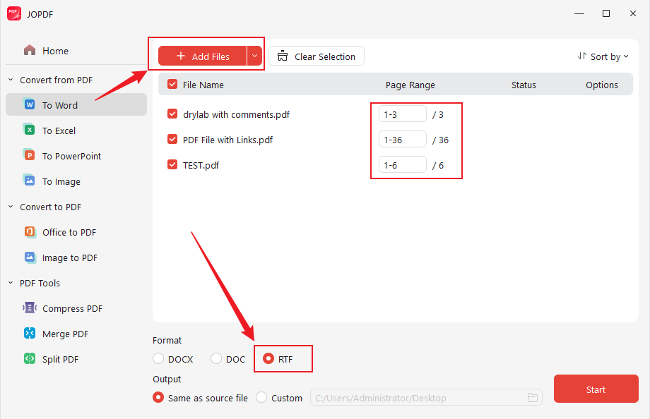 Click Add Files to import PDF files and select the RTF output format in JOPDF