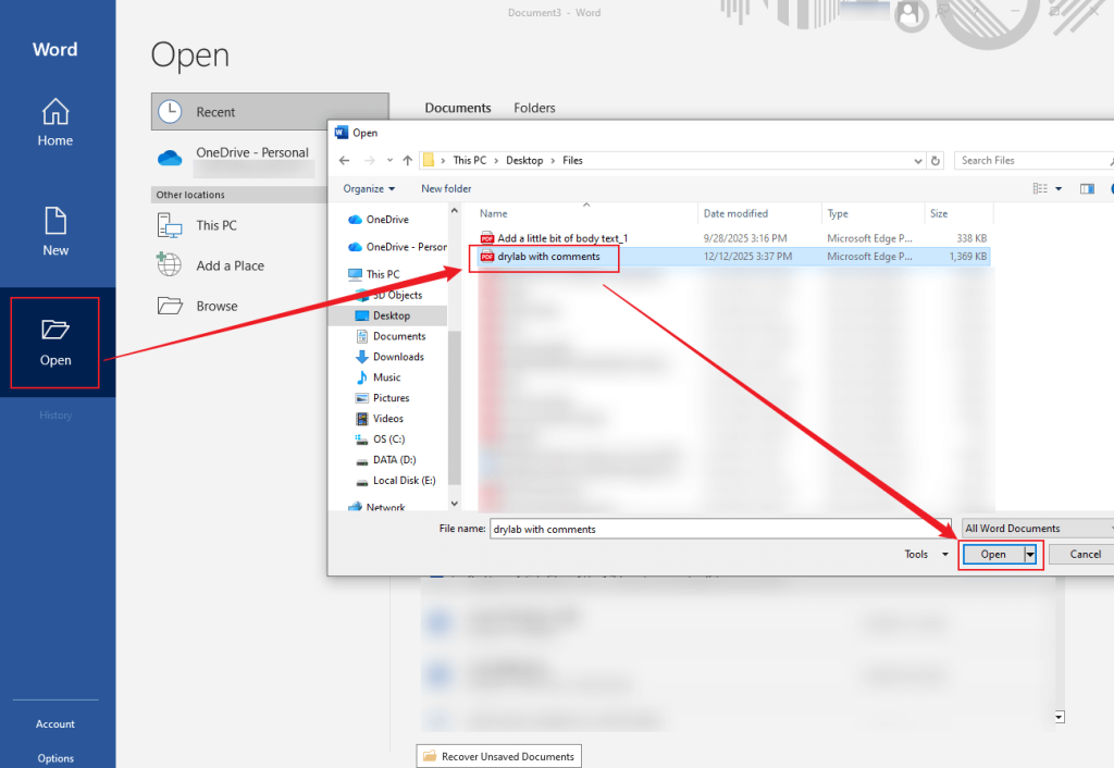 Click Open in Microsoft Word to upload your PDF file