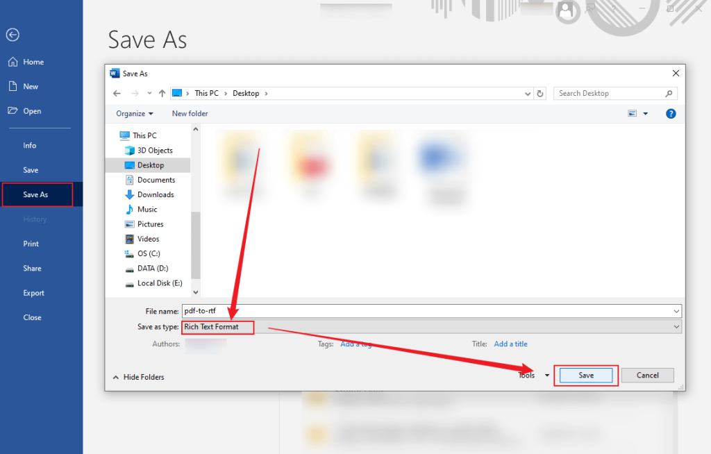 Select the Rich Text Format option from Save as type in Microsoft Word
