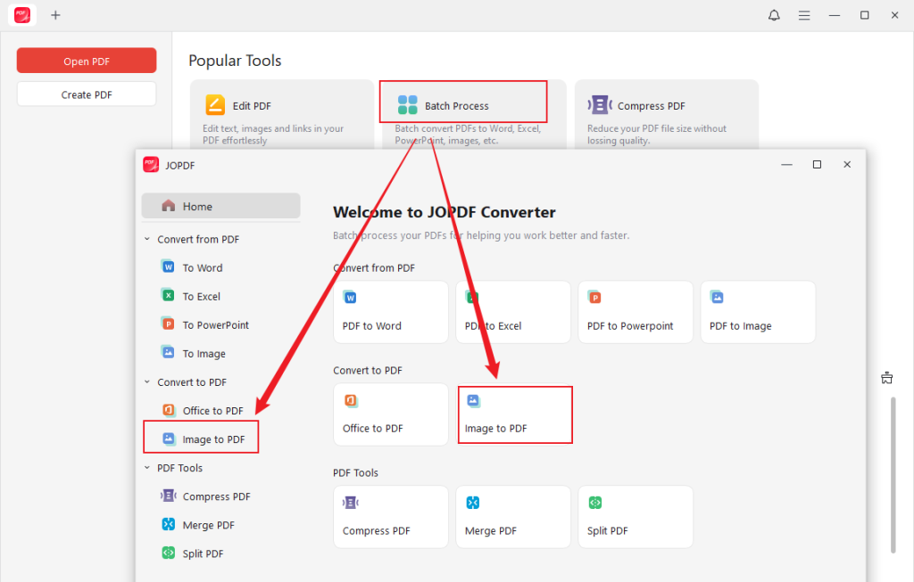 Go to Batch Process and click the Image to PDF option in JOPDF