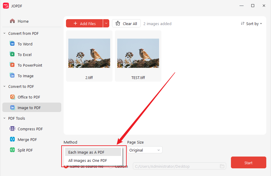Select the Each Image as a PDF or All Images as One PDF option in JOPDF for TIFF to PDF conversion