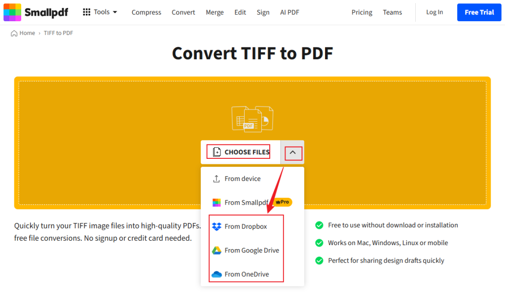 Click CHOOSE FILES to upload the target TIFF file into Smallpdf