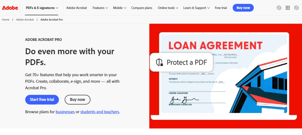 The webpage interface of Adobe Acrobat Pro