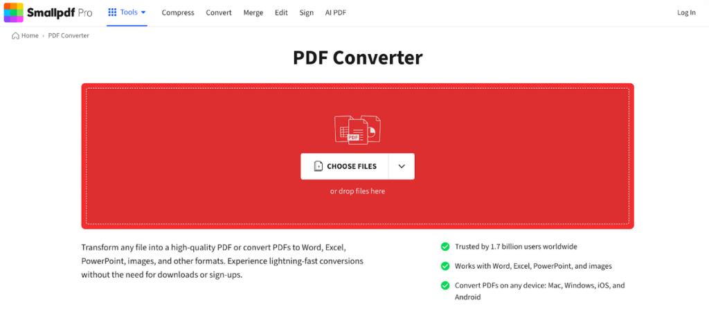 The PDF Converter interface of Smallpdf