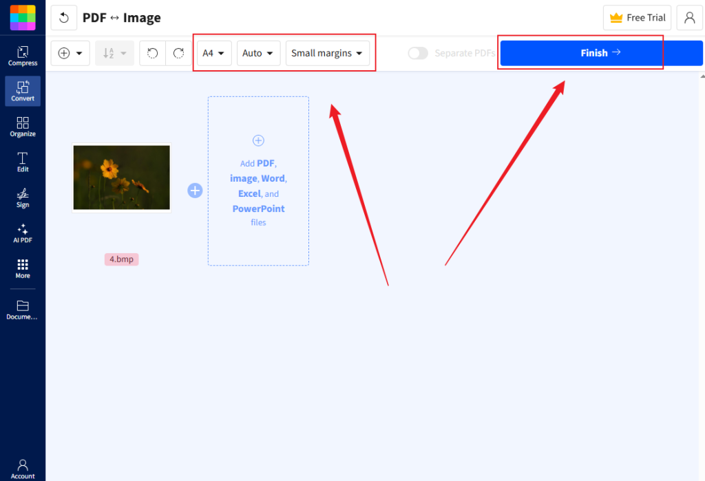 Click Finish to start BMP to PDF conversion in Smallpdf
