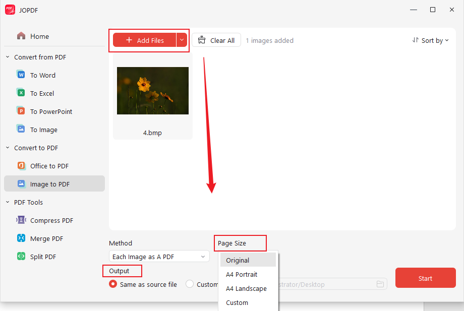 Click Add Files to import the BMP image into JOPDF