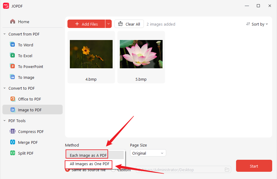 Select the Each Image as A PDF or All Images as One PDF option in JOPDF