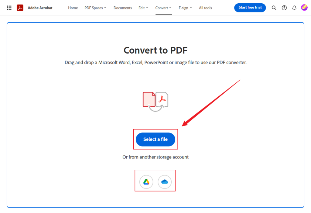 Click Select a file to upload your BMP image into Adobe online PDF converter