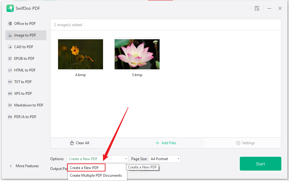Select the Create a New PDF option in SwifDoo PDF