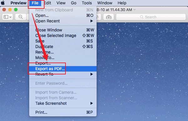 Go to File and click Export as PDF in Mac Preview