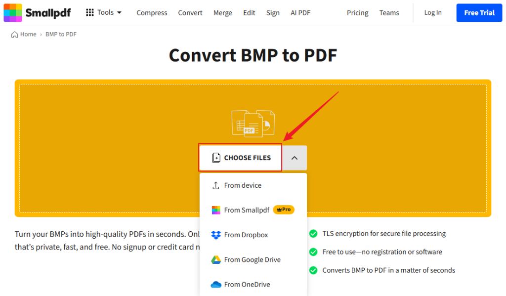 Click CHOOSE FILES to upload your BMP image into Smallpdf