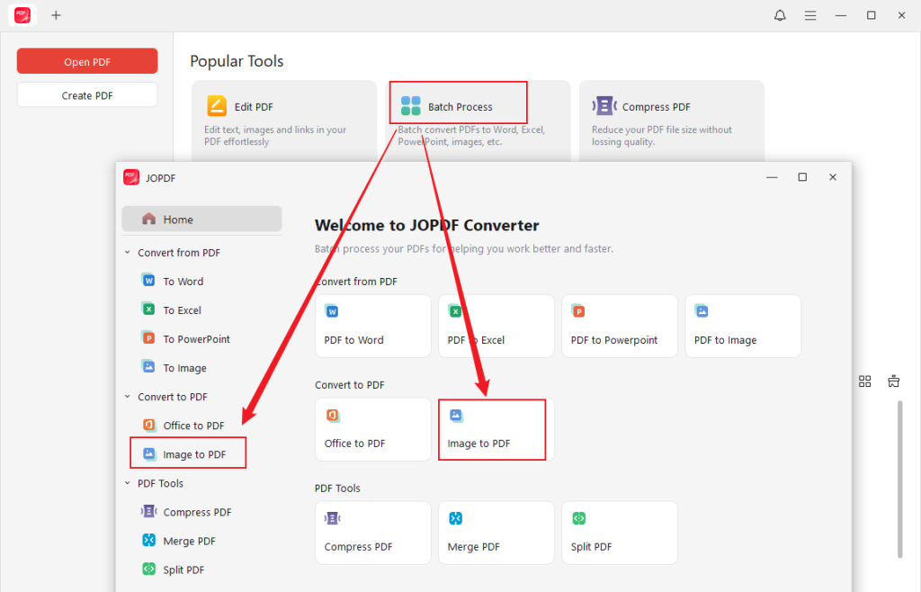 Click Batch Process and select the Image to PDF option in JOPDF