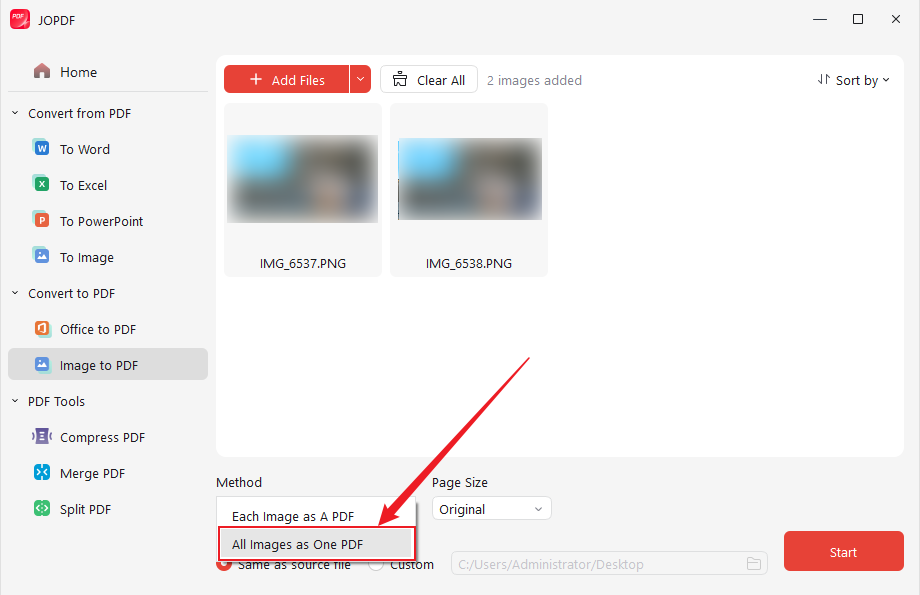 Open the Method dropdown and select All Images as One PDF in JOPDF