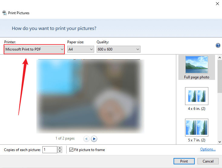 Set Microsoft Print to PDF as Printer to save and combine PNG images as one PDF