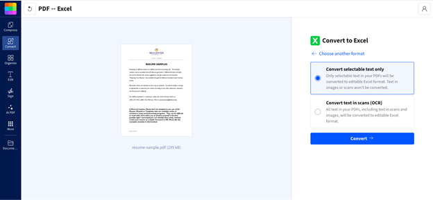 Smallpdf PDF to Excel