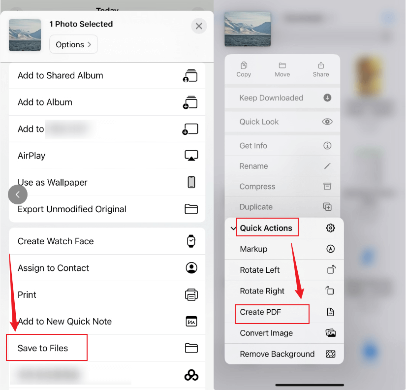 Press and hold the HEIC image in Files and select the Create PDF option from the Quick Actions list
