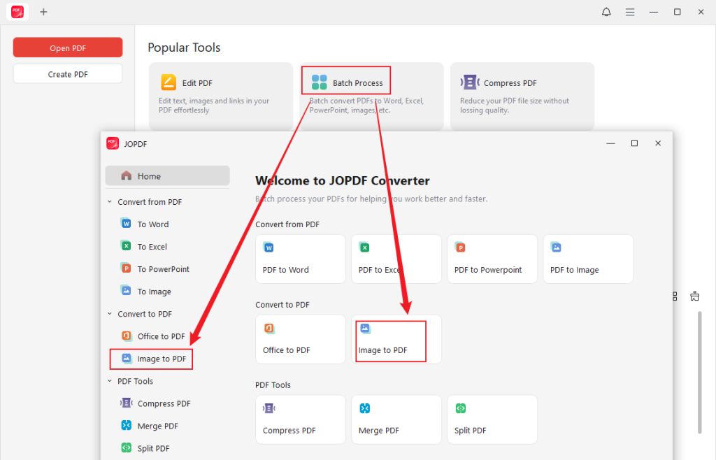 Click Batch Process and select the Image to PDF option in JOPDF