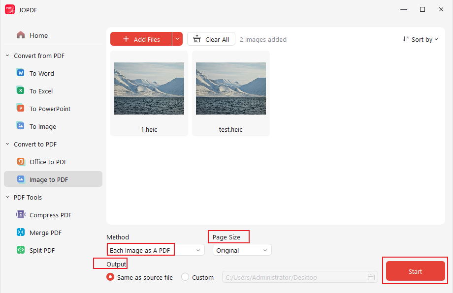 Select the Each Image as A PDF option and click Start in JOPDF
