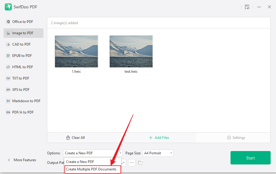 Click the Create a New PDF or Create Multiple PDF Documents option in SwifDoo PDF