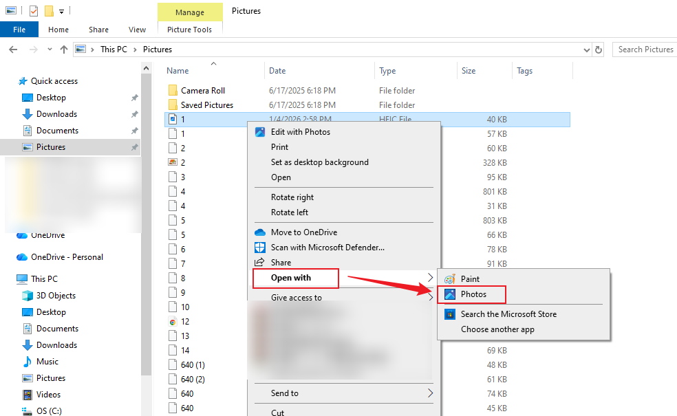 Right-click the HEIC image and open it with Photos