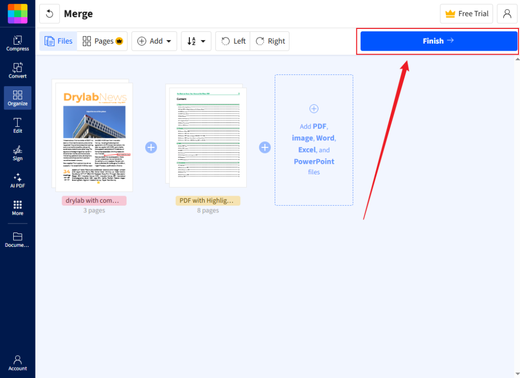 Click Finish to enable the PDF combination process in Smallpdf