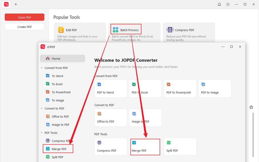 Click Batch Process and click Merge PDF in JOPDF