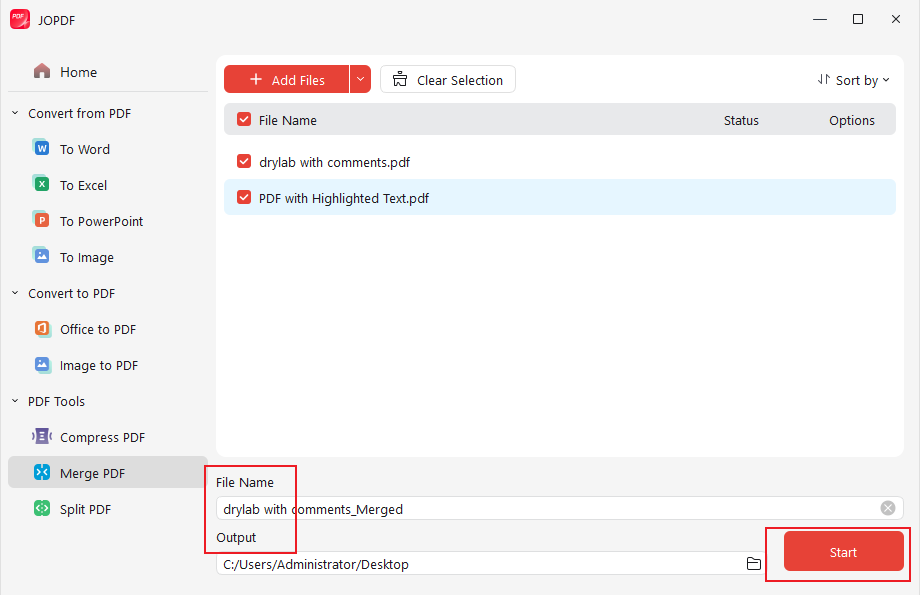 Customize the output folder and click Start to merge PDFs in JOPDF