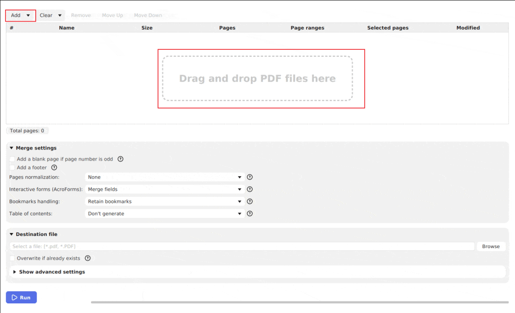 Click Add to upload the PDF files into PDFSam Basic
