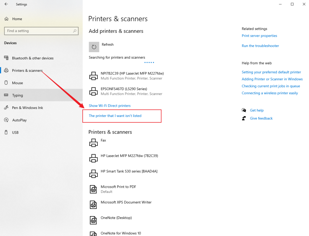 Click “The printer that I want isn’t listed” option in Windows’ Settings