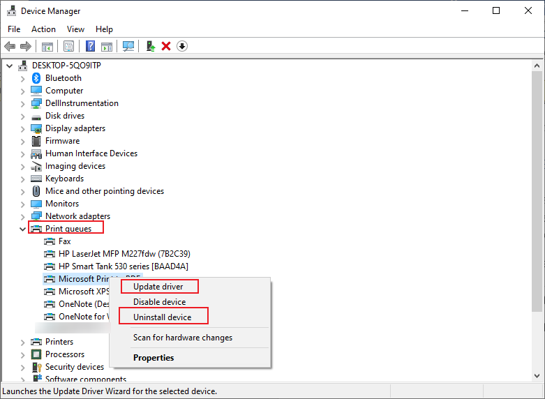 Right-click on the Microsoft Print to PDF option from the Print queues list and click the Update driver or Uninstall device option