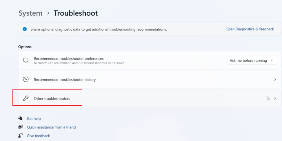 Click System and select the Other Troubleshooters option