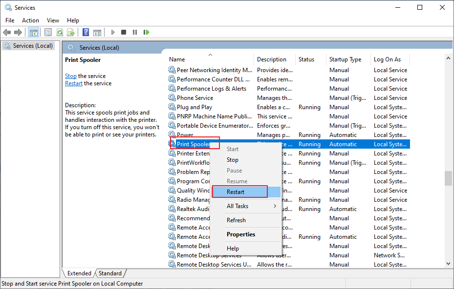 Right-click on Print Spooler option and click Restart