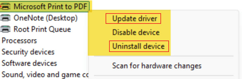 Right-click on Microsoft Print to PDF in Device Manager and click Update driver