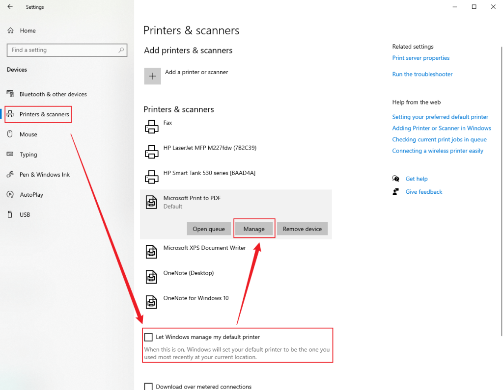 Go to Printer & scanner and select the Let Windows manage my default printer option in Windows’ Settings