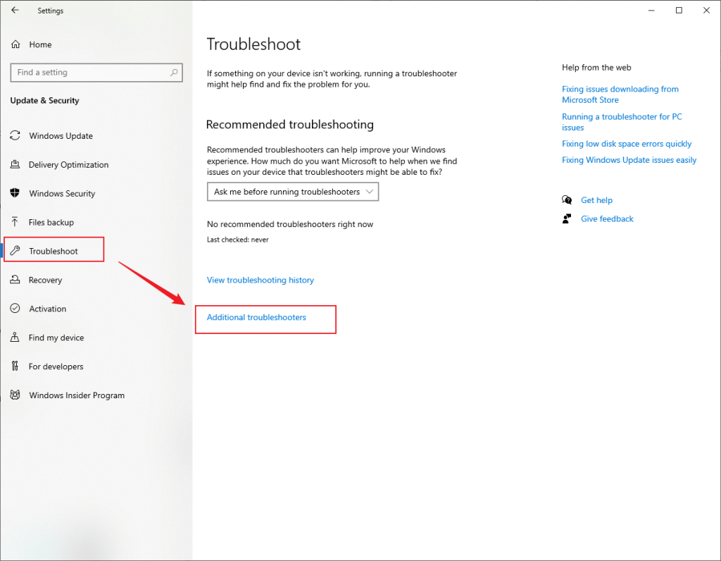 Click Troubleshoot and select Additional troubleshooters in Windows’ Settings