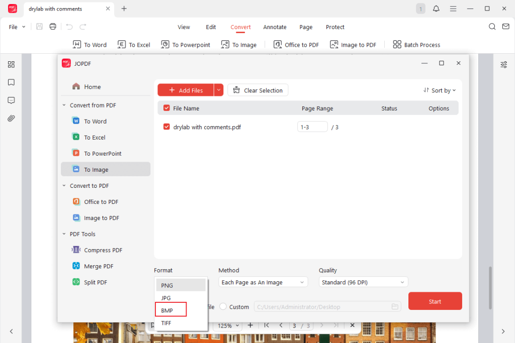 Select BMP as the output format in JOPDF