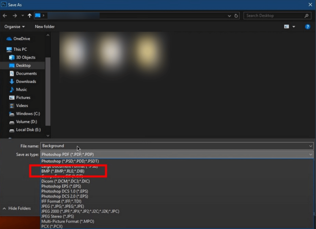 Select the BMP option as the output format in Adobe Photoshop