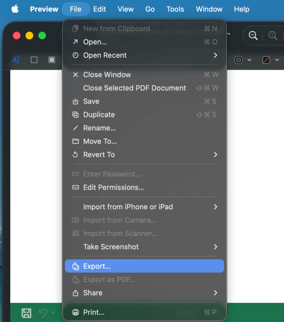 Click File and select the Export option in Preview