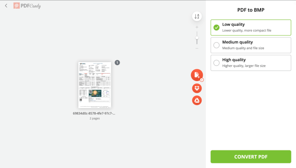 Customize the output BMP quality in PDF Candy