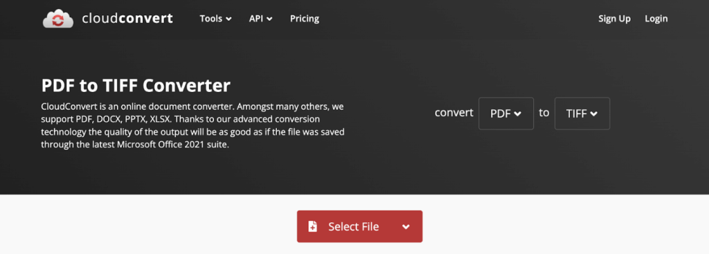 The PDF to TIFF Converter interface of CloudConvert