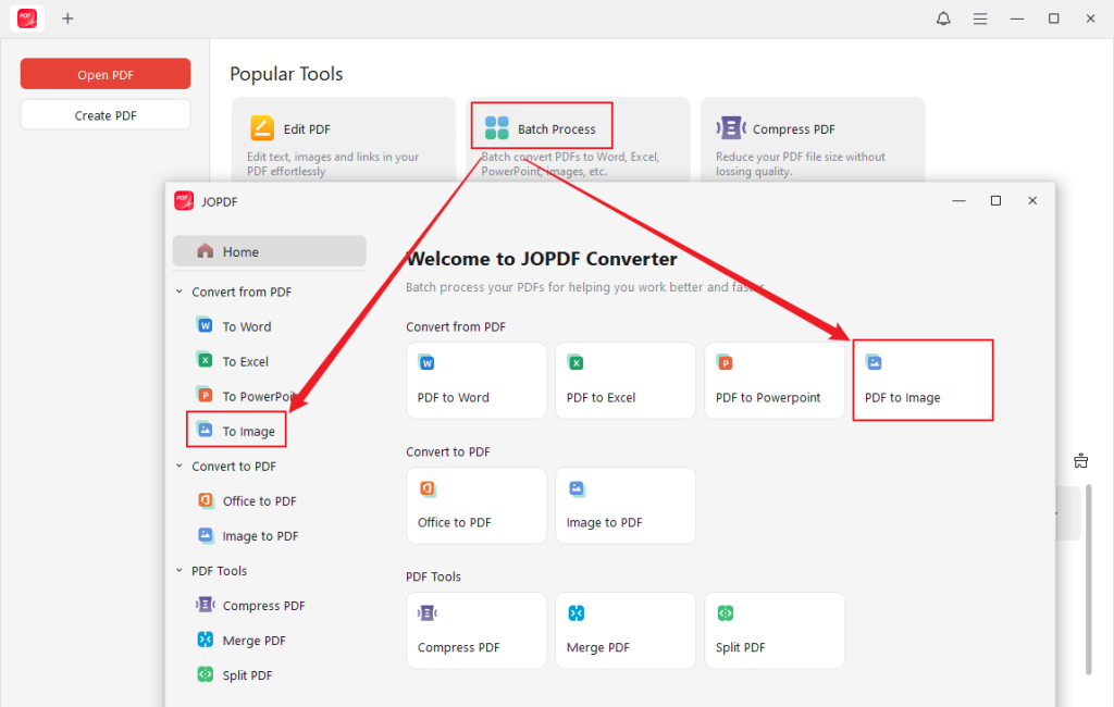 Click Batch Process and select the To Image option in JOPDF