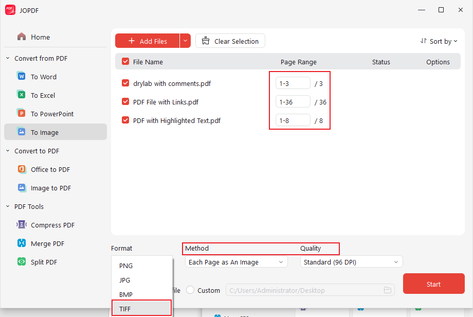 Select TIFF and customize other settings in JOPDF