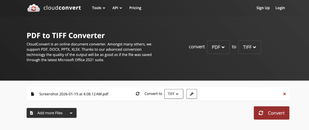 Select TIFF as the output format in CloudConvert