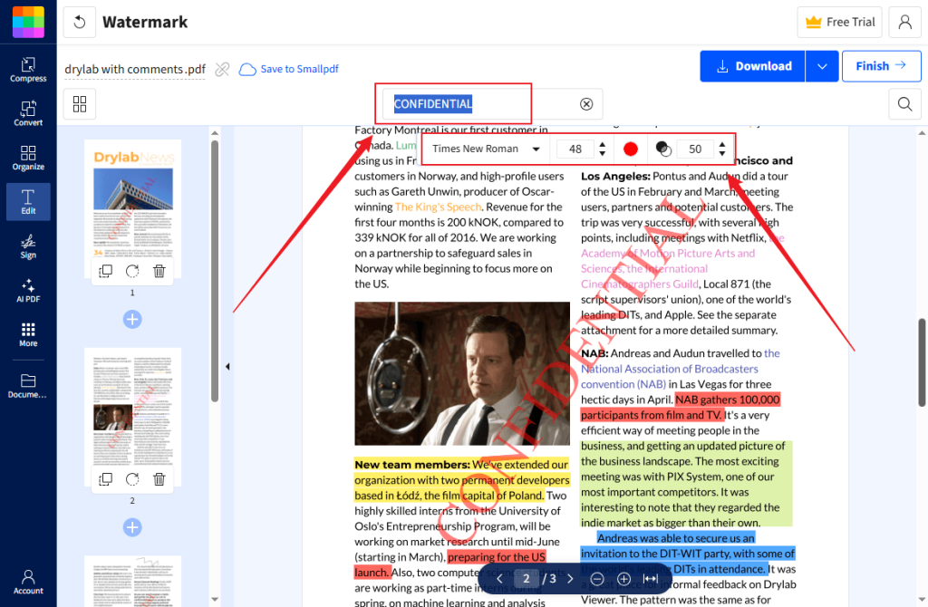 Type in the text watermark and customize it in Smallpdf