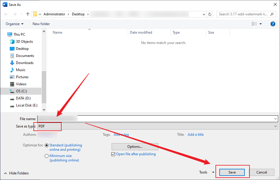 Save the watermarked file as a PDF file in Microsoft Word