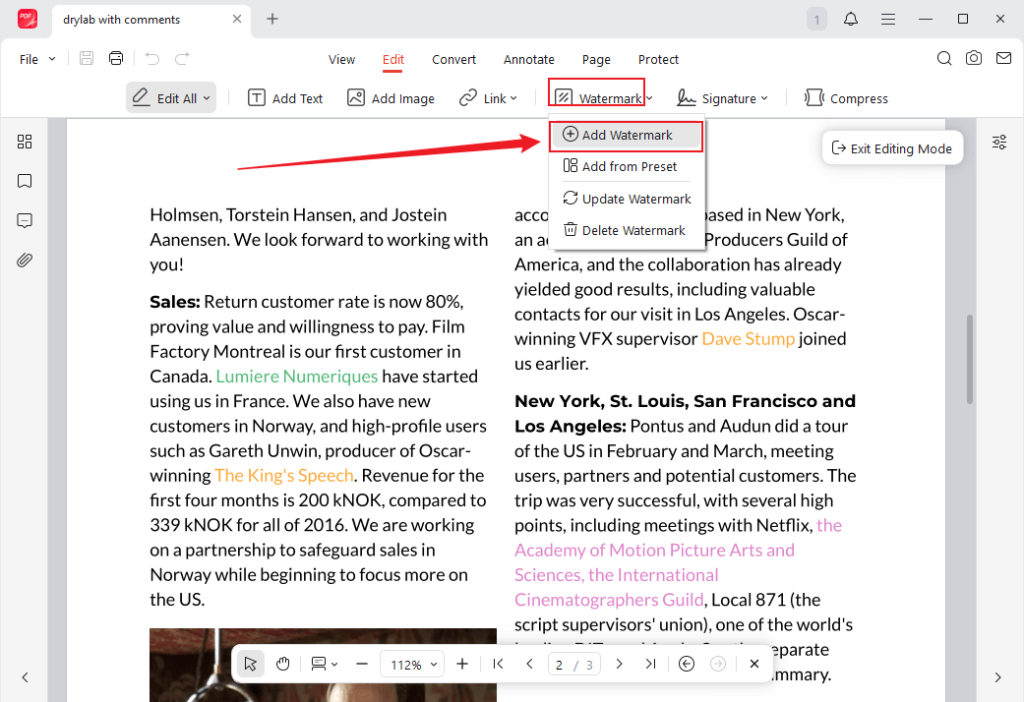 Go to Edit and click the Add Watermark option from the Watermark list in JOPDF