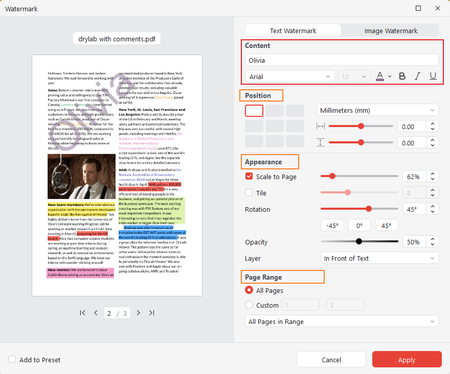 Create and add a text watermark to a PDF in JOPDF