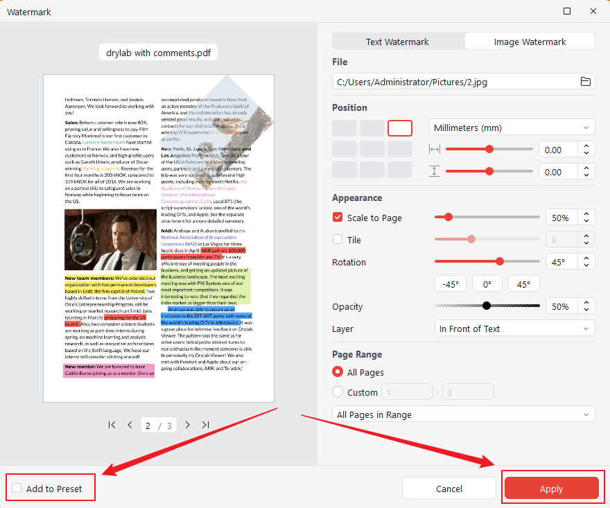 Tick the Add to Preset option to save the watermark preset and click Start in JOPDF
